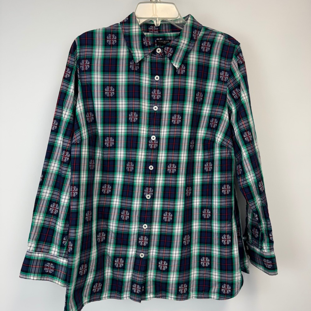 Talbots Plus Plaid Button Down Shirt X Green Blue Holiday‎ Print Top